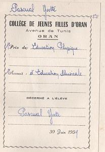 ORAN SCOLARITE COLLEGE DE JEUNE FILLES 1959 LES PRIX ET ACCESSITS